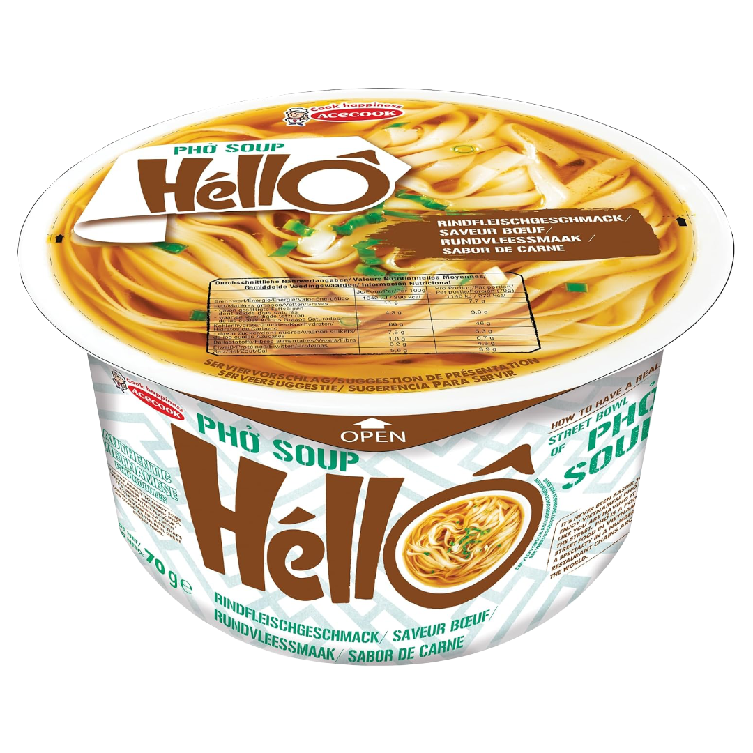 Instant Beef Pho Soup Hello (Gluten Free) ACECOOK, 70 g in a plastic bowl