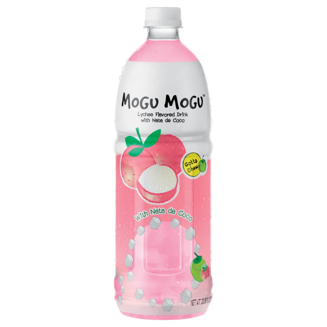 Lychee flavor soft drink with nata de coco MOGU MOGU, 1000 ml in a plastic bottle