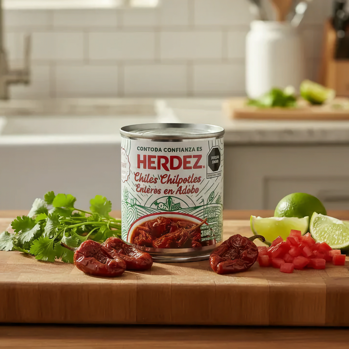 Chipotle Pepper In Adobo Sauce HERDEZ can on a kitchen counter with ingredients