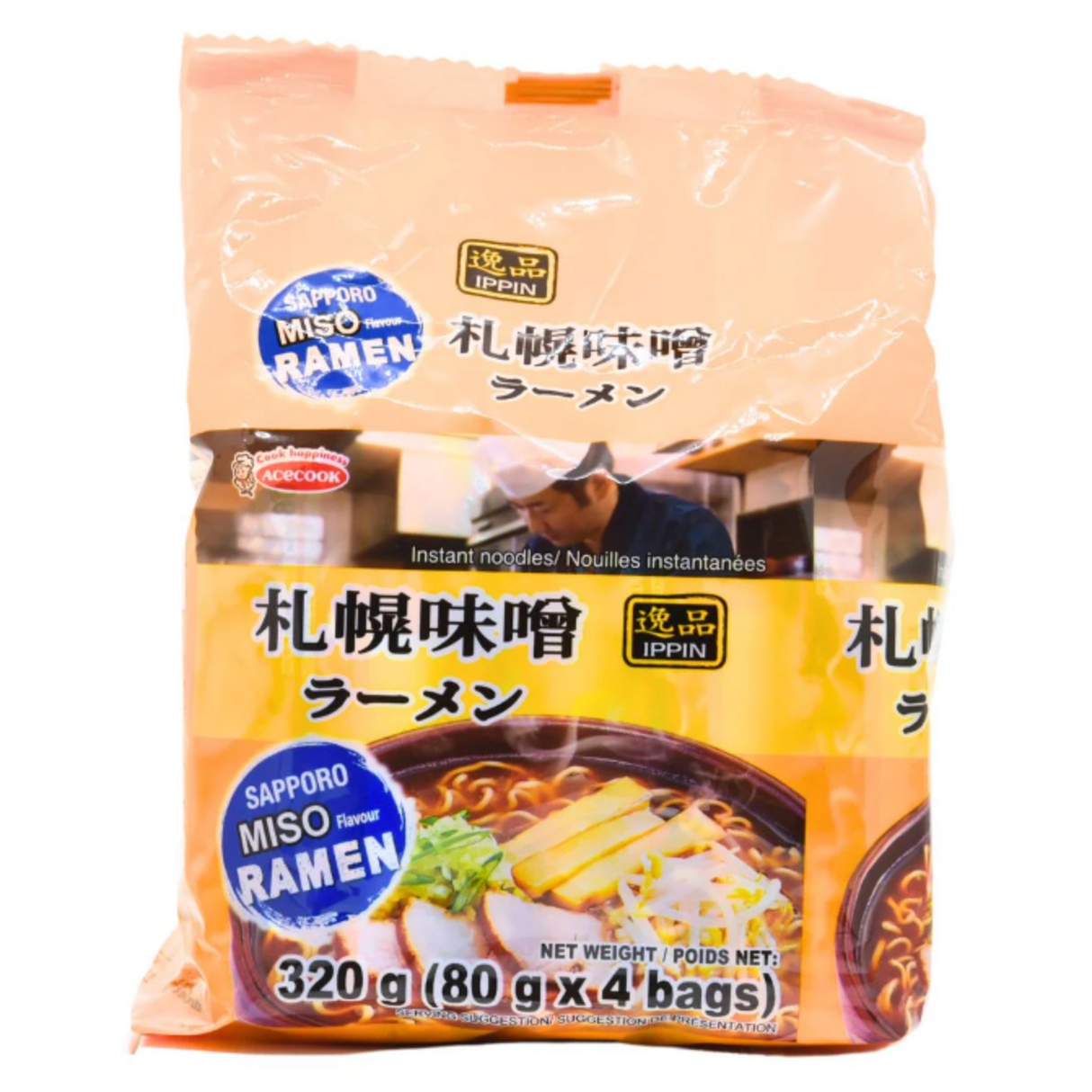 Greitai paruošiami makaronai Sapporo Miso Ramen ACECOOK, 4 maišeliai po 80 g