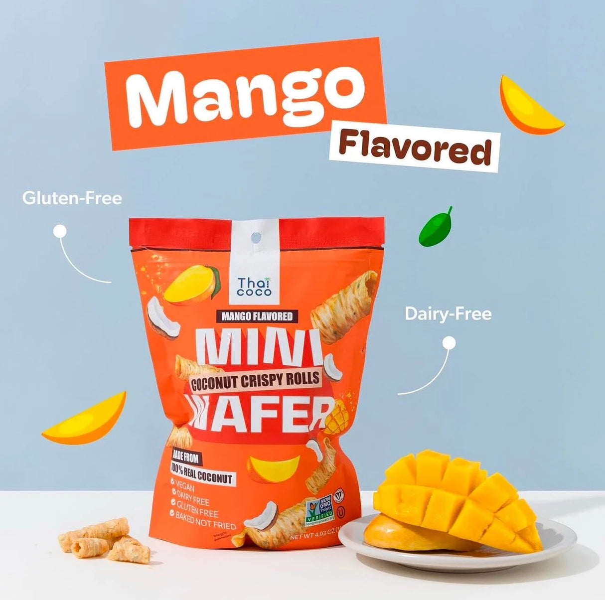 Traškūs kokosiniai mangų skonio vamzdeliai THAI COCO, 140 g